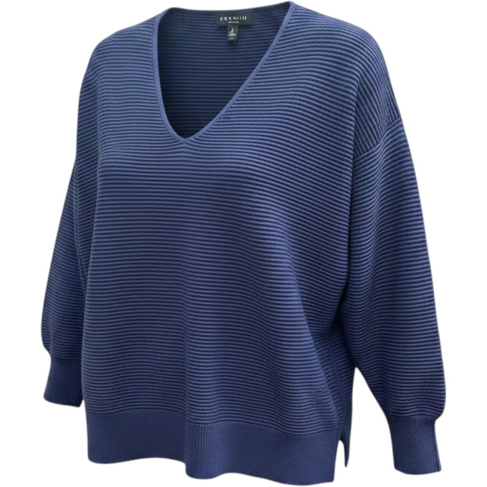 Premise Navy Blue Ribbed V-Neck Sweater Oversized Ottoman Knit Pullover XL